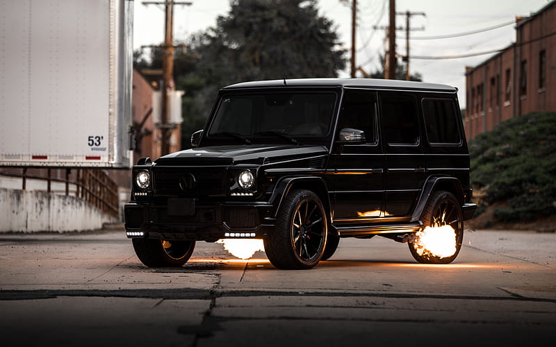 Mercedes-Benz G63 AMG, 2018, front view, tuning, fire from exhaust pipes, new black G63, German cars, Brutal SUV, W463, Mercedes, HD wallpaper