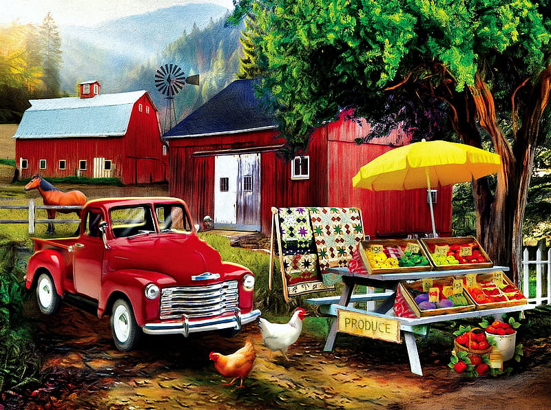 Country Products, stand, car, fruits, painting, umbrella, vegetables, artwork, barn, HD wallpaper