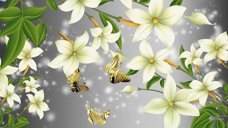 Silver and Gold, gold butterflies, white flowers, gray, spring, silver, sophistication, butterfly, sophisticated, summer, gris, HD wallpaper