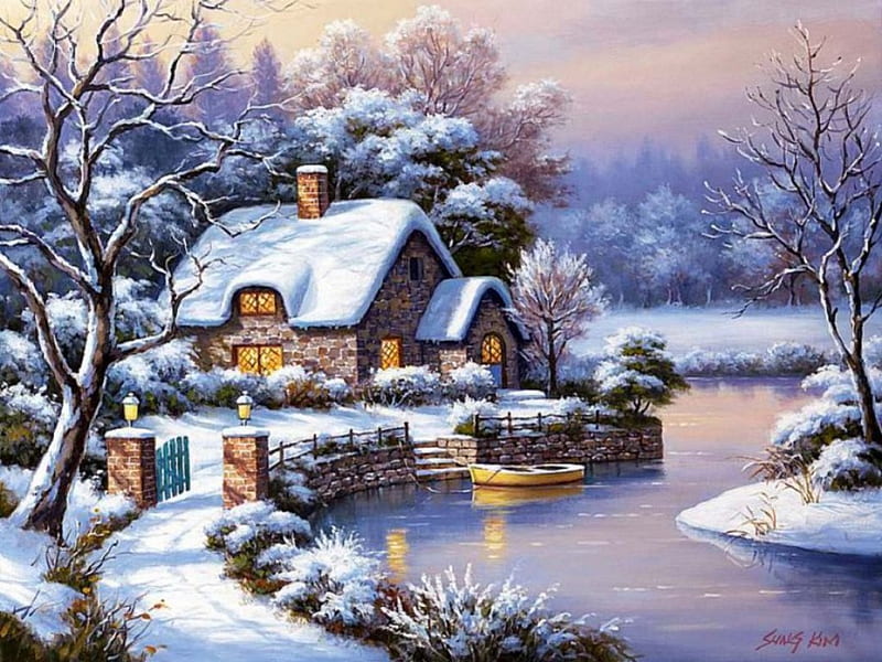 Cottage in Winter, boat, snow, painting, path, river, trees, artwork, HD wallpaper