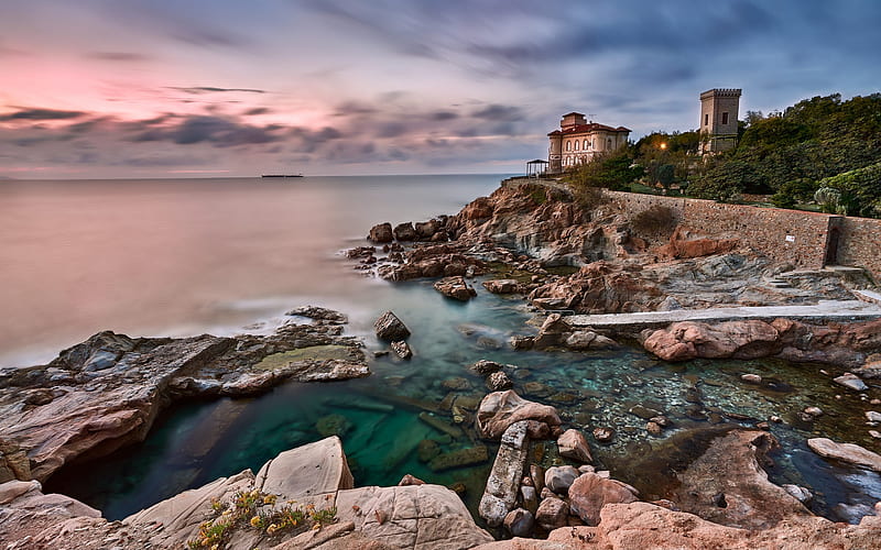Mediterranean Sea, coast, evening, sunset, seascape, Italy, beautiful bay, HD wallpaper