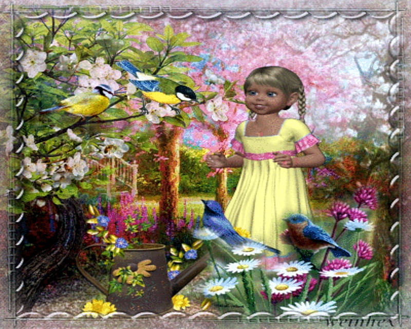 watching the birds, bird, birds, flowers, garden, framed, doll, HD wallpaper