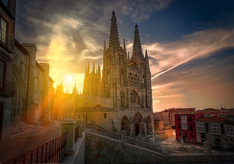 Sun, Gothic, Dawn, Sunrise, Spain, Cathedral, Religious, Burgos Cathedral, Cathedrals, HD wallpaper