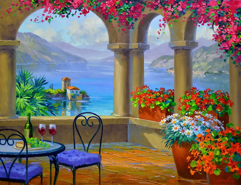 Lovely lake view, colorful, shore, vase, sea, mountain, Como, painting, flowers, italy, table, art, cocktail, view, bouquets, town, arch, porch, summer, nature, coast, HD wallpaper