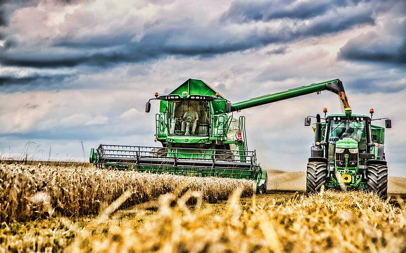 John Deere W550, grain harvesting, 2019 combines​, wheat harvest, agricultural machinery, R, combine harvester, Combine​ in the field, agriculture, John Deere, HD wallpaper