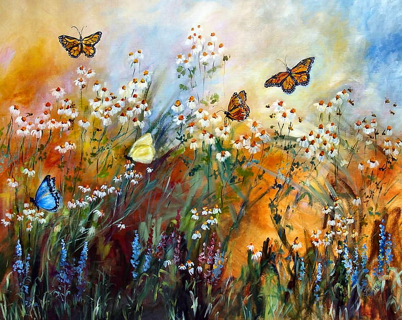 Chamomile Garden Butterflies FC, art, bonito, butterflies, artwork, painting, wide screen, chamomile, wildlife, garden, HD wallpaper