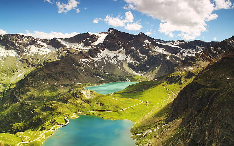 Agnel Lake, Ceresole Reale, Italy, Mountains, Sky, Clouds, Scree, Lake, Fields, HD wallpaper