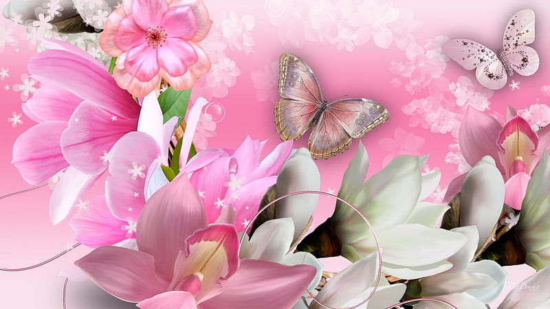 Floral Delightful, magnolia, summer, flowers, nature, spring, butterflies, pink, floral, HD wallpaper