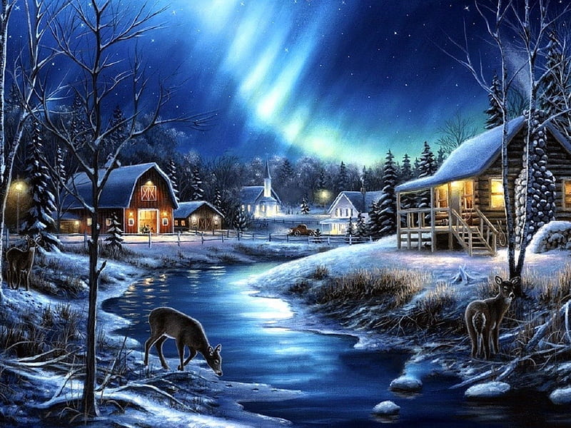 Winter Night, northern lights, houses, village, river, church, artwork, deer, barn, painting, HD wallpaper