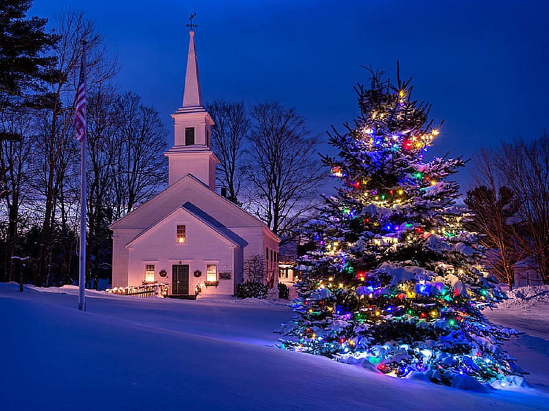 ★Christmas in New England★, Christmas, christmas tree, holidays, lovely, colors, love four seasons, bonito, attractions in dreams, creative pre-made, xmas and new year, lights, winter, snow, churches, winter holidays, New England, HD wallpaper