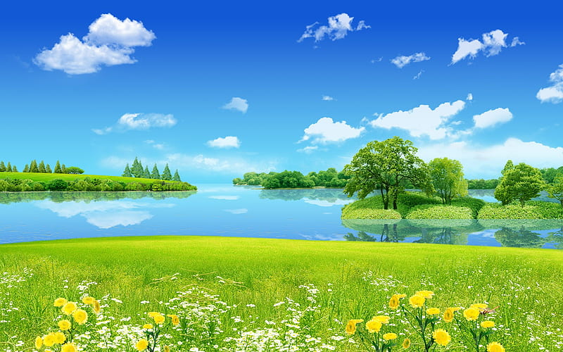 dream-land, forest, grass, trees, sky, clouds, lake, water, green, flowers, nature, reflections, landscape, HD wallpaper