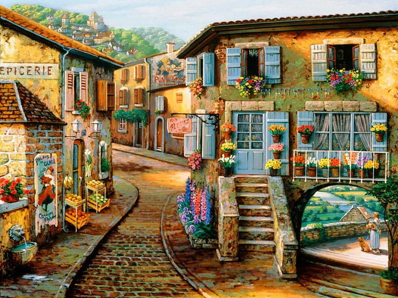 The new painting, art, lovely, town, bonito, market, mountain, painting, flowers, new, village, street, HD wallpaper
