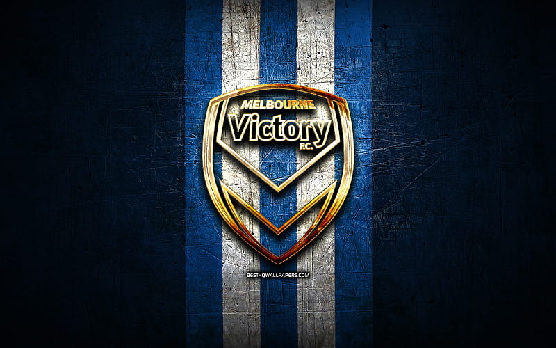 Melbourne Victory FC, golden logo, A-League, blue metal background, football, Melbourne Victory, Australian football club, Melbourne Victory logo, soccer, Australia, HD wallpaper
