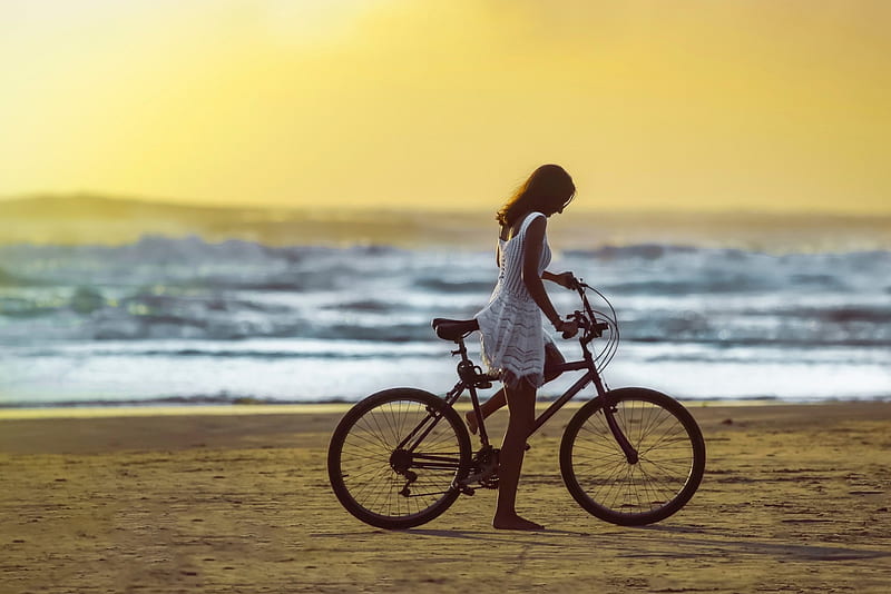 ღ, summer time, bicycle, sky, woman, sea, beach, summer, beauty, nature, bike, morning, HD wallpaper