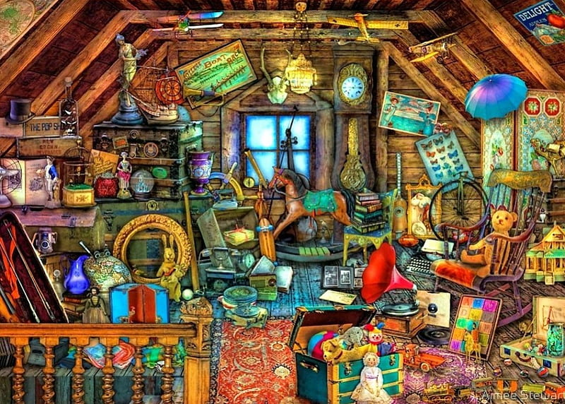 Grandparent's Attic, teddybear, grammophone, books, utensils, painting, toys, artwork, HD wallpaper