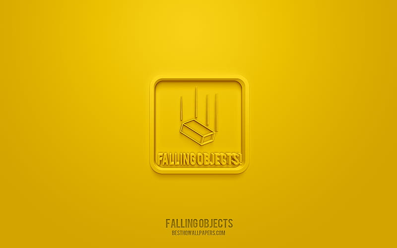 Falling objects 3d icon, yellow background, 3d symbols, Falling objects, Warning icons, 3d icons, Falling objects sign, Warning 3d icons, yellow warning signs, HD wallpaper