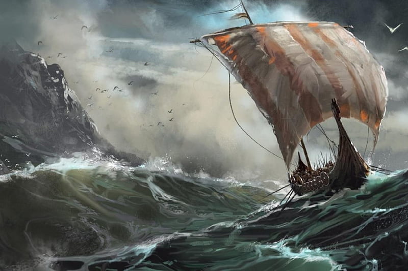 Vikings on Hard Journey, boat, journey, ocean, storm, artwork, sail, HD wallpaper