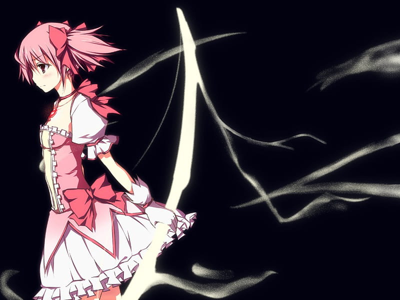 lethal pink, swords, black, bows, girl, anime, pink short hair, smoke, pink, light, HD wallpaper