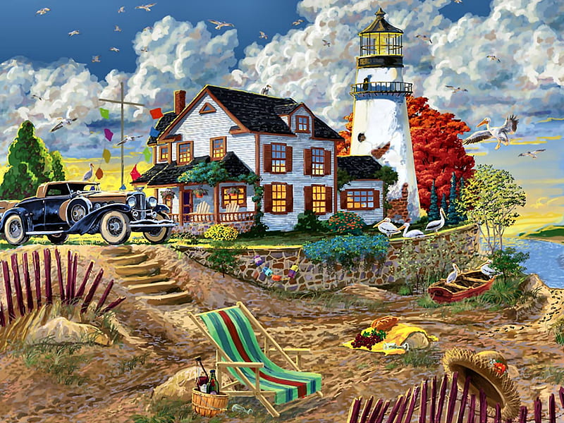 Lighthouse Visitors - Beach F1C, art, shore, bonito, illustration, artwork, lighthouse, beach, sand, car, painting, auto, wide screen, scenery, HD wallpaper