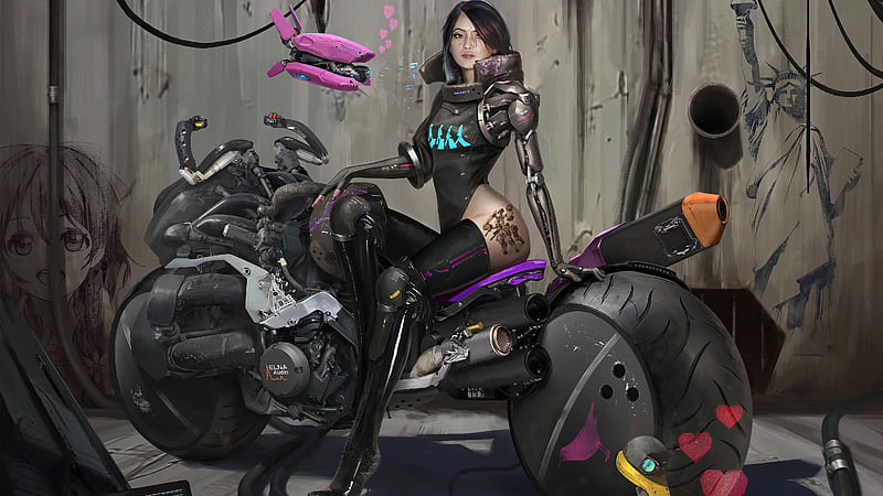 Cyber Bike Girl, cyberpunk, scifi, artist, artwork, digital-art, artstation, HD wallpaper