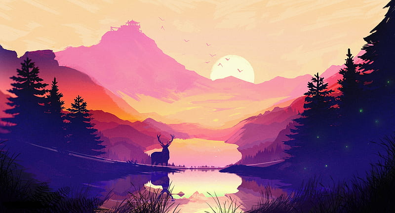 Sunrise, art, luminos, silhouette, deer, mountain, fantasy, water, summer, HD wallpaper