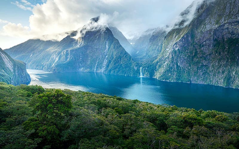 Summer at Milford Sound, New Zealand, trees, sky, rocks, mountains, clouds, HD wallpaper