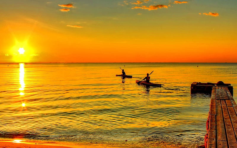 Kayaking at Sunset, oceans, nature, kayaking, sunsets, HD wallpaper