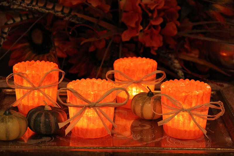 Autumn Still Life, Fall, orange, sunflower, bows, gourds, candles, Thanksgiving, pumpkin, tray, flowers, Autumn, HD wallpaper