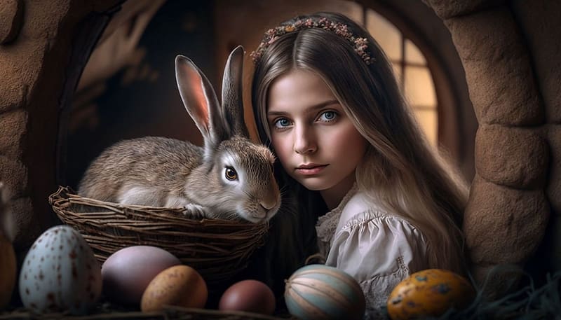 Bunny for Easter, unnep, aranyos, lany, husveti, nyul, kosar, tojas, nyuszi, tavasz, HD wallpaper