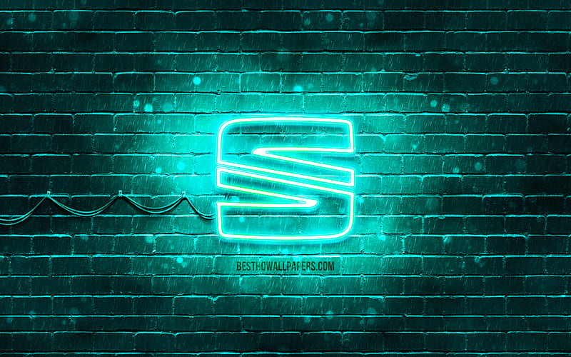 Seat turquoise logo turquoise brickwall, Seat logo, cars brands, Seat neon logo, Seat, HD wallpaper