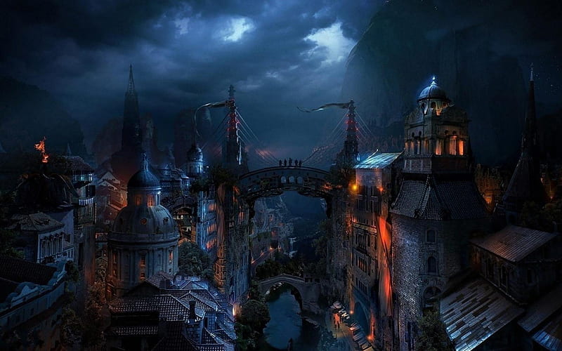 Dark night, fantasy, cloud, halloween, dark, game, castle, blue, light, HD wallpaper