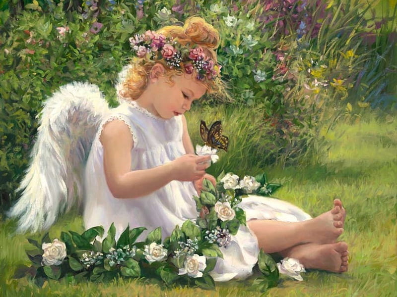 Cute Little Angel, cute, little, wings, butterfly, angel, painting, flowers, HD wallpaper