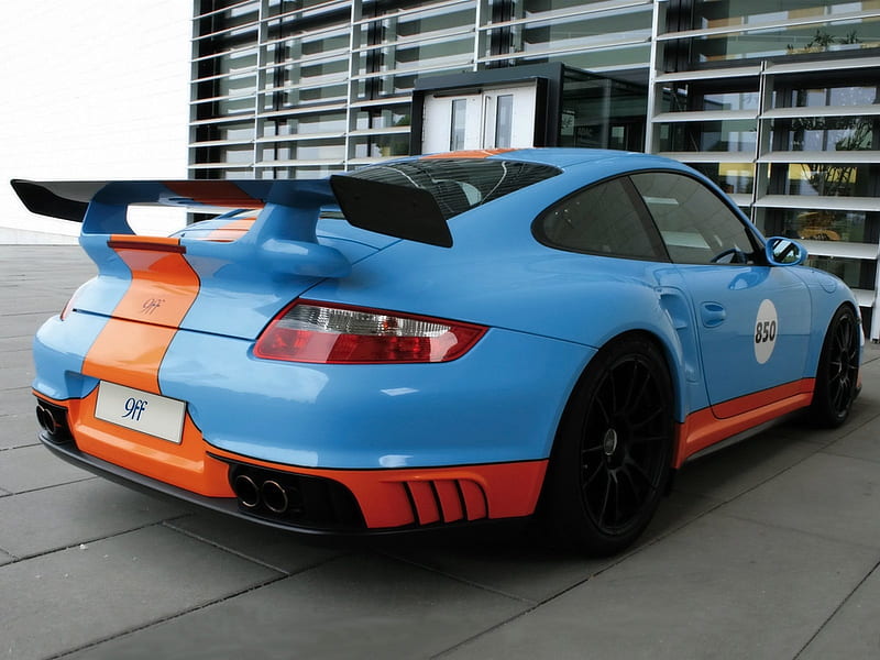 9ff Porsche 997 BT-2 delivers 850 hp, blue, urban, parked, car, HD wallpaper