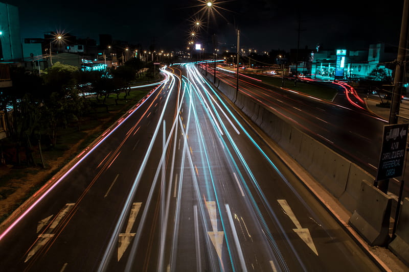 road, lights, long exposure, city, night, HD wallpaper
