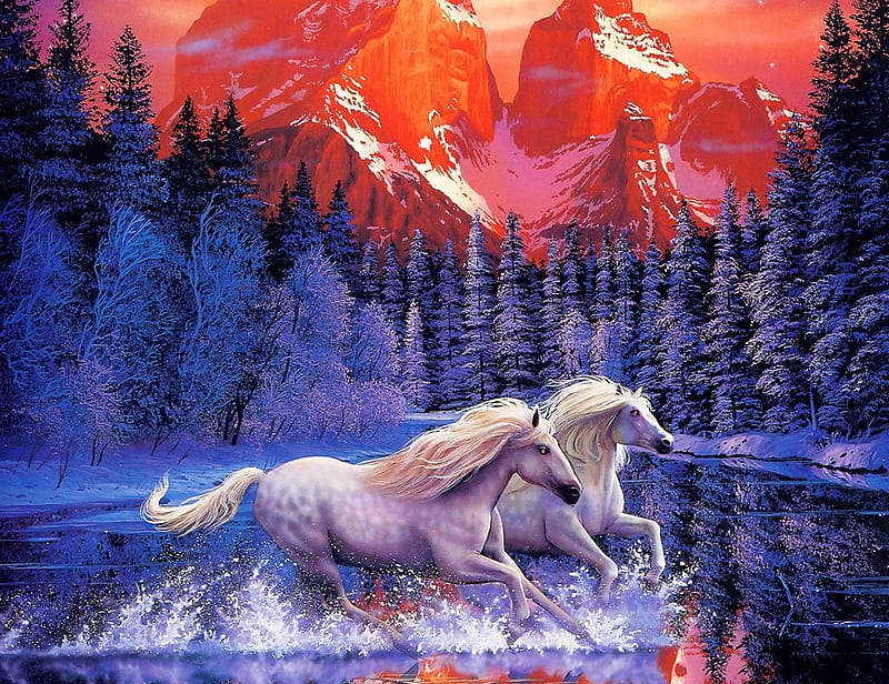 Horses, christian riese lassen, art, luminos, orange, sunset, horse, mountain, cal, tree, water, painting, white, pictura, blue, HD wallpaper