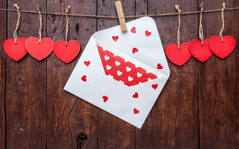 Valentines Day, romantic letter, red hearts, rope, wooden boards, HD wallpaper
