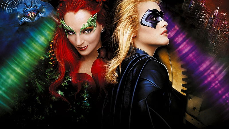 Batman & Robin (1997), red, movie, redhead, Robin, comics, woman, Alicia Silverstone, poison ivy, Batman, fantasy, green, actress, Uma Thurman, batgirl, girl, purple, mask, HD wallpaper