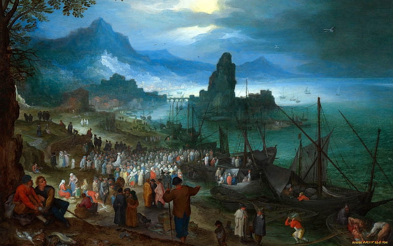 Jesus Preaching, boats, Christ, people, painting, lake, landscape, Jesus, HD wallpaper