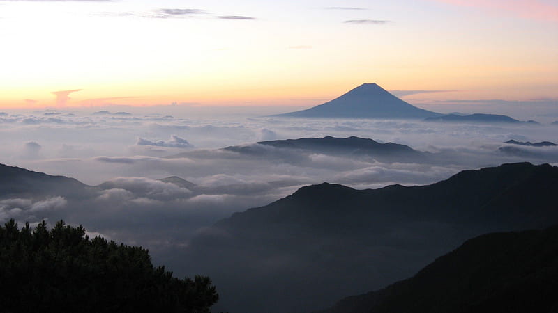 mt fuji above the clouds, mountain, sunrise, horizon, clouds, HD wallpaper