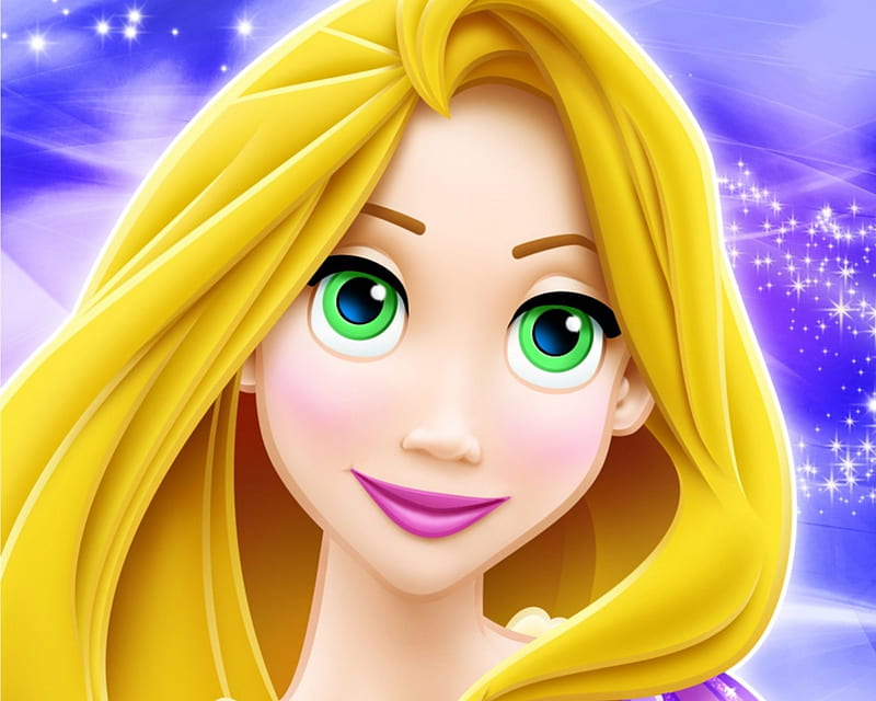 Rapunzel, green eues, yellow, blonde, fantasy, girl, purple, face, princess, disney, HD wallpaper