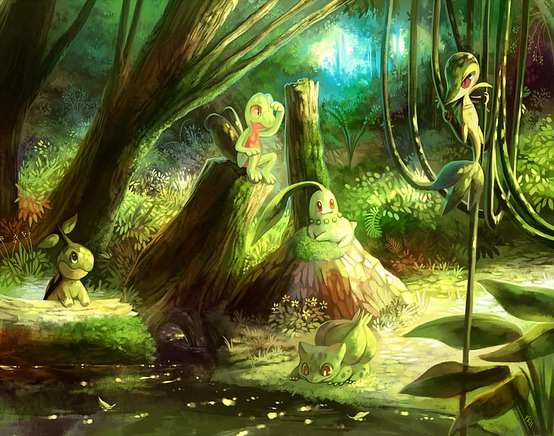 Pokemon, forest, green, animals, HD wallpaper