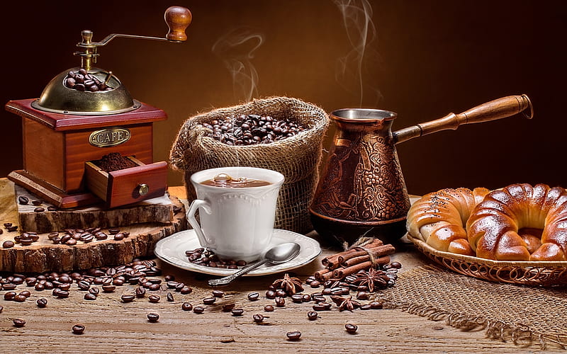 Coffee Still Life, cup, mill, coffee, beans, HD wallpaper