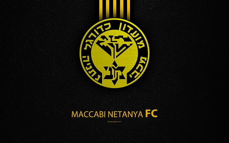 Maccabi Netanya FC football, Netanya logo, emblem, leather texture, Israeli football club, Ligat HaAl, Netanya, Israel, Israeli Premier League, HD wallpaper