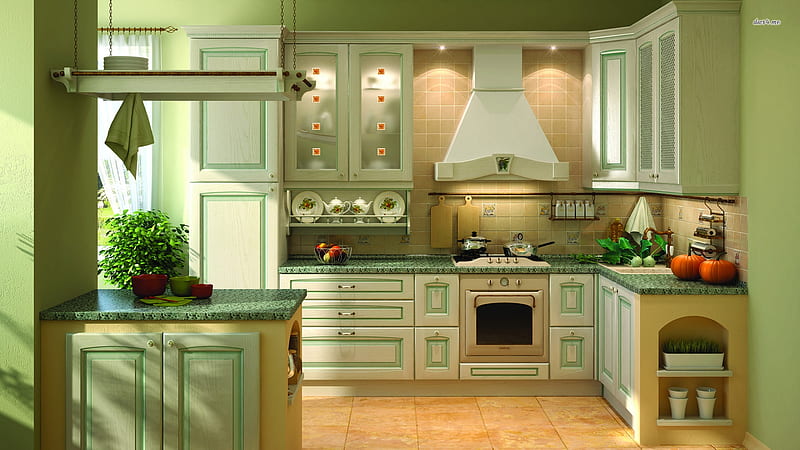 green kitchen, interior, beauty, green, kitchen, graphy, HD wallpaper