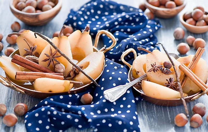 sweet pears, table, pears, hazelnuts, cinnamon, delicacy, HD wallpaper