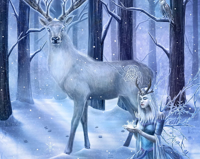 Frozen, art, anne stokes, luminos, iarna, deer, winter, horns, fantasy, girl, white, fairy, blue, HD wallpaper