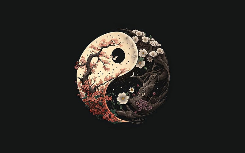 Yin Yang, flower, black, art, fantasy, spring, tree, HD wallpaper