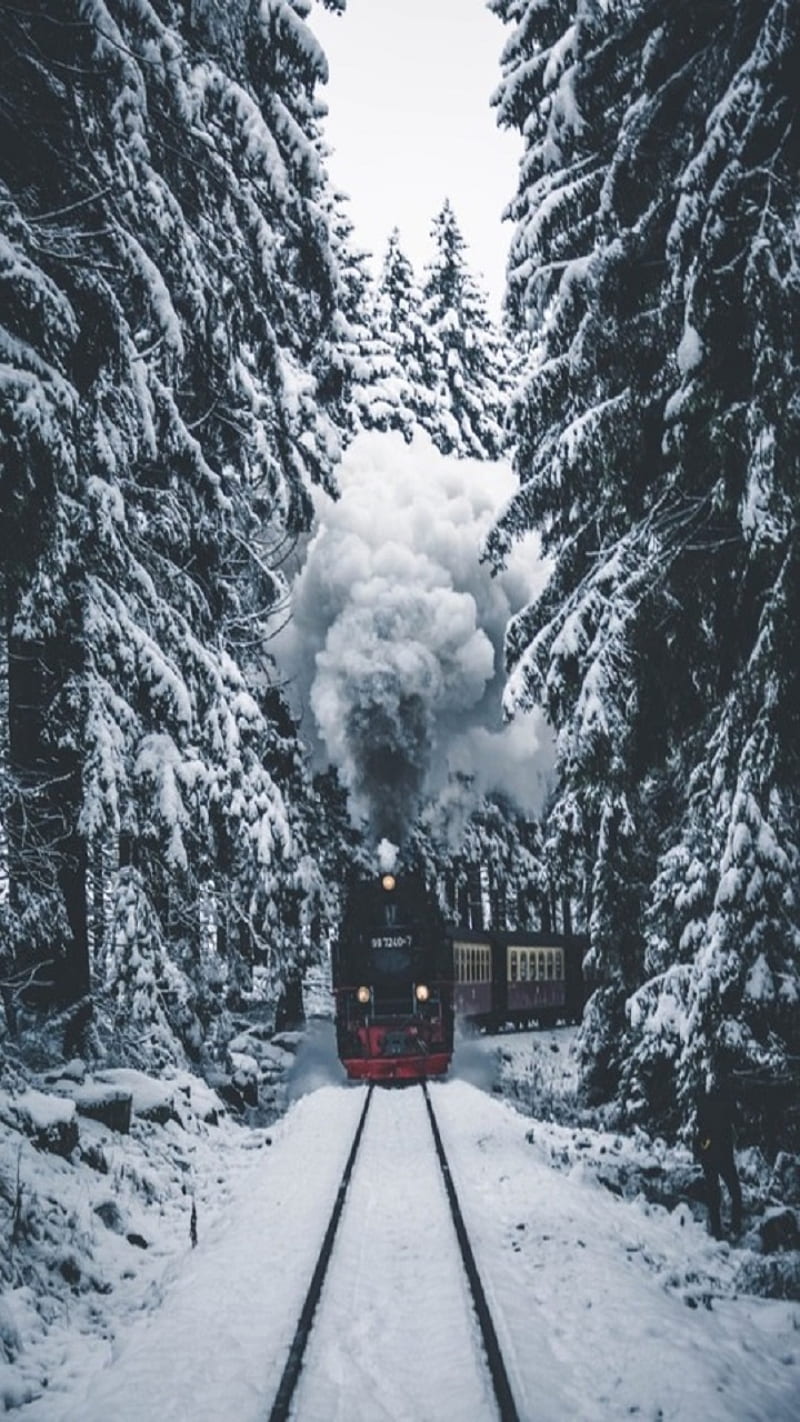 loko locomotive, train, trains, snow, winter, green, white, clouds, cloud, HD phone wallpaper
