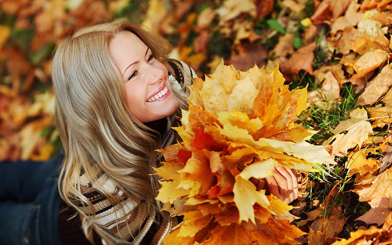 Lovely Smile, autumn, autumn leaves, bonito, woman, hair, leaves ...
