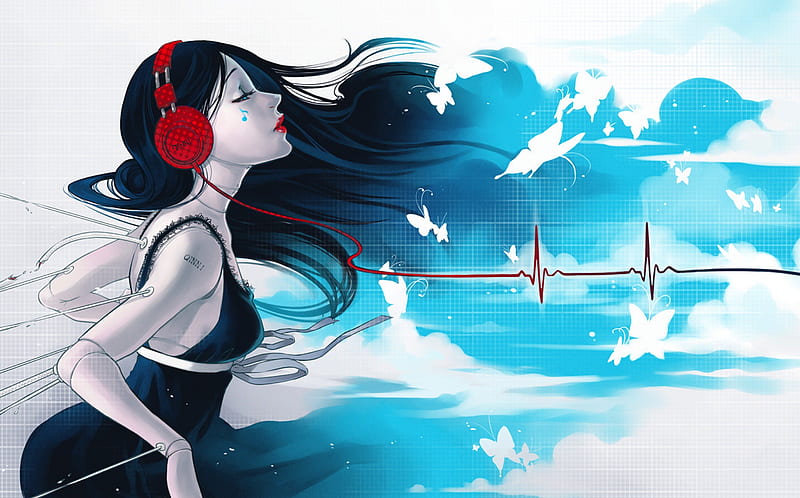 Music is my Life, girl, life, music, heart, headphones, heartbeat, HD wallpaper